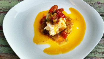 Baked Halibut with Leeks and Cherry Tomatoes