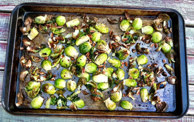 Roasted Brussels Sprouts with Pecans and Balsamic Reduction