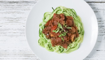 Grilled Tomato Bruschetta with Zucchini Noodles