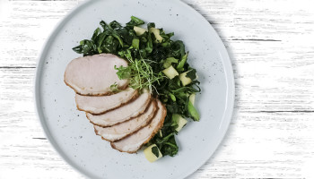 Roasted Pork Loin with Bacon Braised Greens