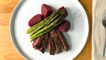 Pepper Crusted Flat Iron Steak with Braised Beets and Roasted Asparagus