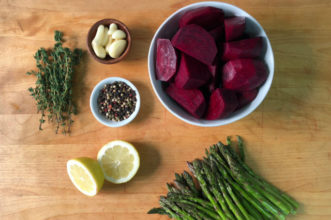 Pepper Crusted Flat Iron Steak with Braised Beets and Roasted Asparagus