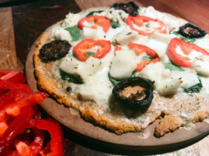 Sweet Potato Pizza Crust, White Sauce, Red Sauce, and Vegan Mozzarella (Oh My!)