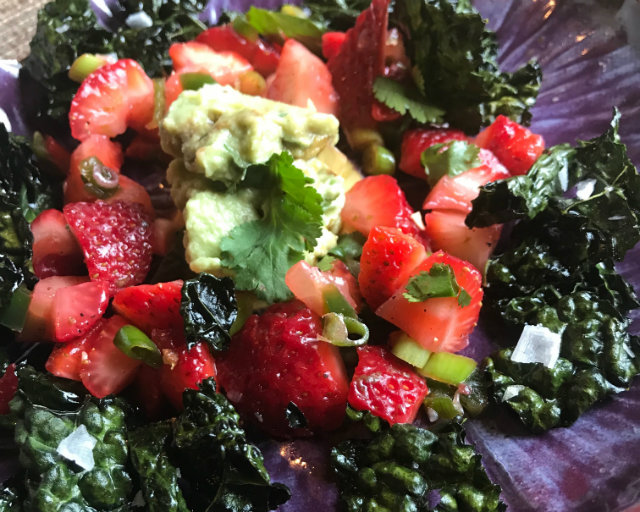 Kale Chip Salad with Spicy Strawberry Salsa and Avocado-Lime Non-Dairy Crema