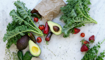 Kale Chip Salad with Spicy Strawberry Salsa and Avocado-Lime Non-Dairy Crema